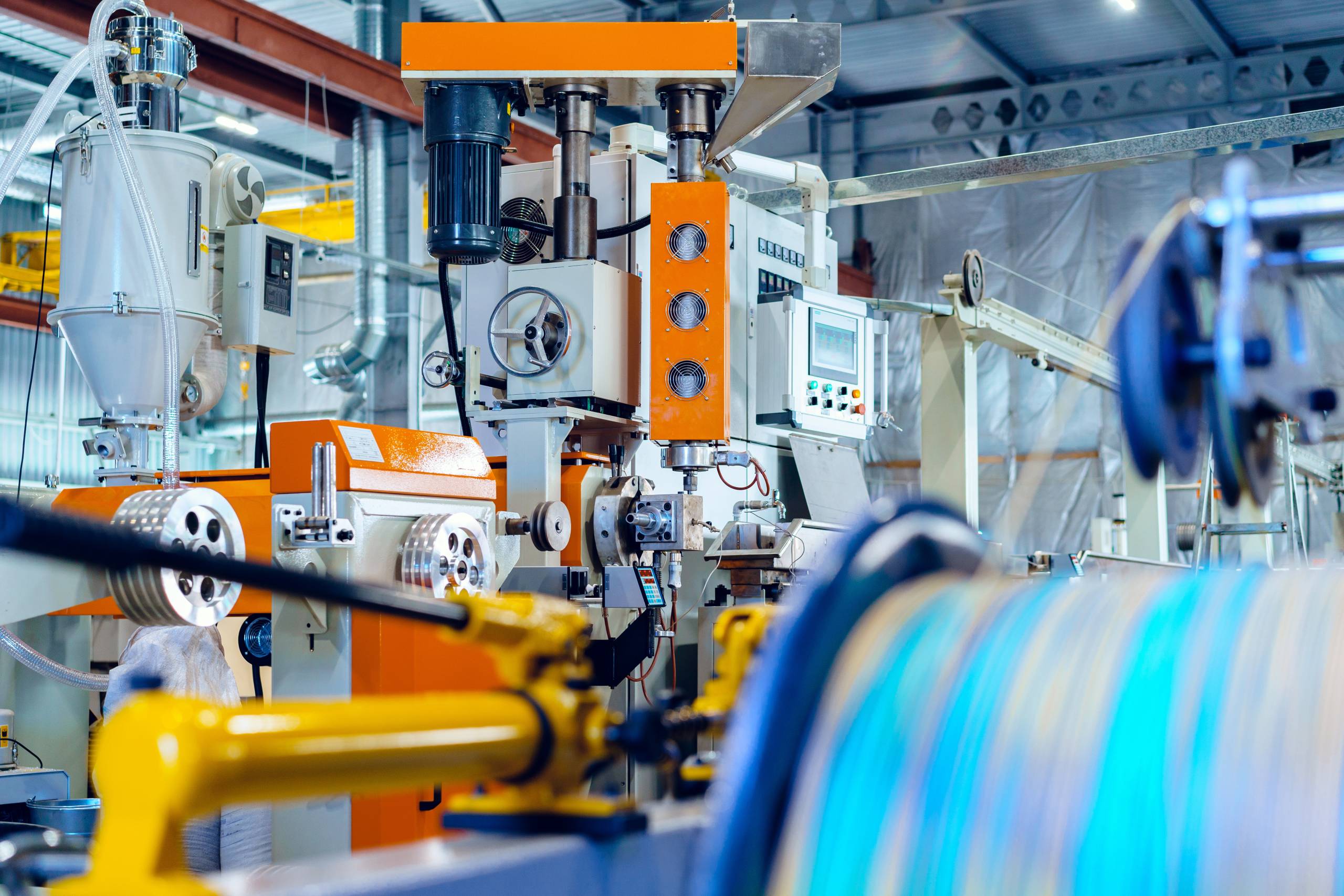 Cable production in process. Modern cable factory close up