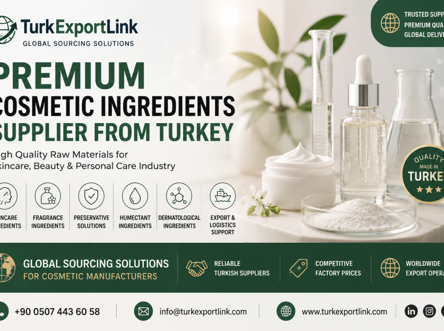 High quality cosmetic ingredients including skincare and beauty raw materials prepared for global export from Turkey.